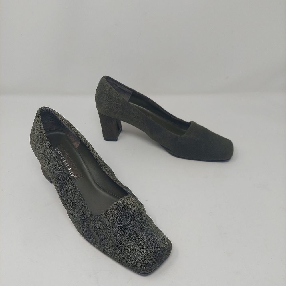 Marbella Moss Green Fabric Chunky Block Heeled Square Toe Pumps Size 8 M
